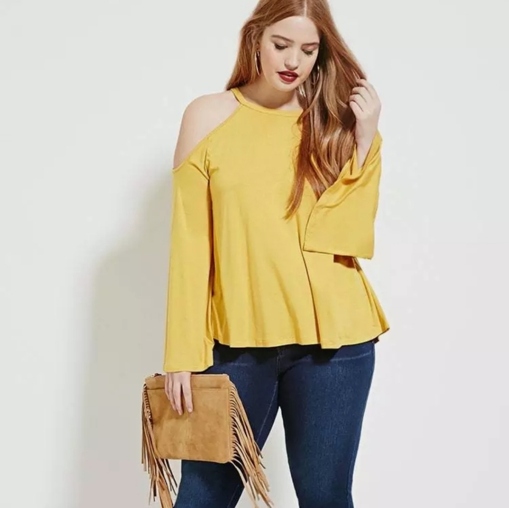 Forever 21 mustard cold Shoulder blouse - Picture 1 of 7